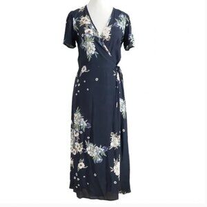 LACAUSA NAVY FLORAL WRAP MIDI DRESS - XS